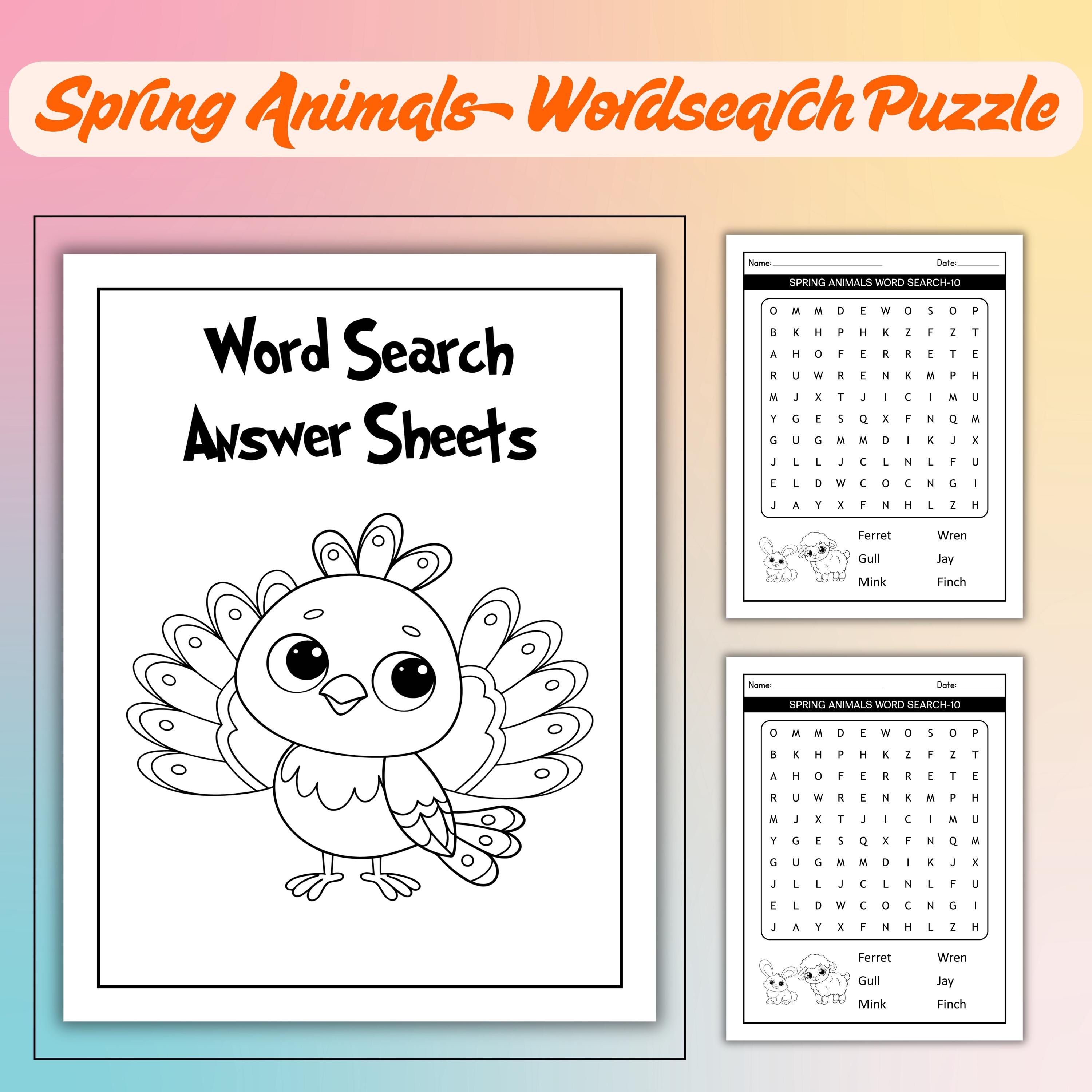 Spring Animals Word Search Puzzle, Kids Educational Activity (PDF) - Etsy