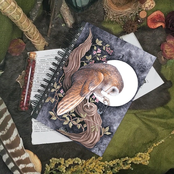 Barn Owl Journal - Blank Spiral Bound Hard Cover Notebook/Sketchbook - Spirit Animal - Grimoire - Book of Shadows