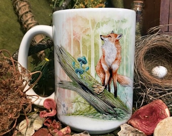 Forest Fox Autumn Ceramic Mug 11oz or 15oz  - Nature Animal Art - Mushroom and Moss - Fall - Spirit Animal