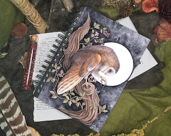 Barn Owl Journal - Blank Spiral Bound Hard Cover Notebook/Sketchbook - Spirit Animal - Grimoire - Book of Shadows