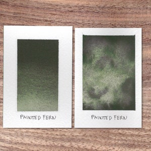 May include: Two watercolor swatches of the color "Painted Fern" on white paper. The first swatch is a gradient from dark green to light green. The second swatch is a mottled green with darker green accents.