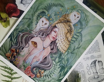 The Calling, Fine art print - Fantasy - Watercolor - Goddess Spiritual Nature - Barn Owl - Spirit - Witchy -