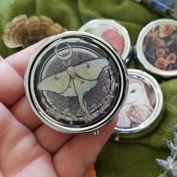 Luna Moth Pill Boxes- Two Designs Available - Case - 3 compartment - Pocket - Purse - Carry - Small - Compact Mirror - Moon - Lunar