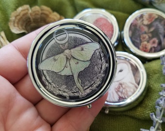 Luna Moth Pill Boxes- Two Designs Available - Case - 3 compartment - Pocket - Purse - Carry - Small - Compact Mirror - Moon - Lunar