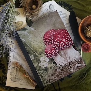 Puede incluir: Una pintura de acuarela de un hongo rojo y blanco con manchas blancas sobre un fondo verde oscuro. El hongo está rodeado de hojas y flores verdes. La pintura está sobre un fondo negro.