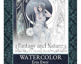 Libro para colorear con acuarela - Fantasía y naturaleza - Art Nouveau - Hadas - Sirenas - Adultos - Nivel intermedio - Flores de jardín - Hadas - Mucha