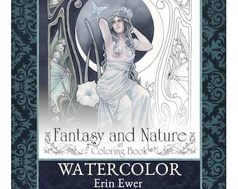 Watercolor Coloring Book - Fantasy and Nature - Art Nouveau - Fairy - Mermaid - Adult Intermediate - Garden Flowers - Faery - Mucha