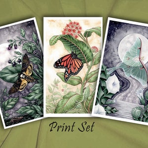 Tarot Card 3 Print Set - La Lune - La Mort - L’Impératrice - Luna Deaths Tête Papillon Monarque - Arcanes Majeurs - Aquarelle Art