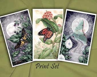 Tarot Card 3 Print Set - The Moon - Death - The Empress - Luna Deaths Head Moth Monarch Butterfly - Major Arcana - Watercolor Art