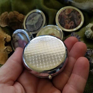 Luna Moth Pill Boxes Two Designs Available Case 3 compartment Pocket Purse Carry Small Compact Mirror Moon Lunar image 5