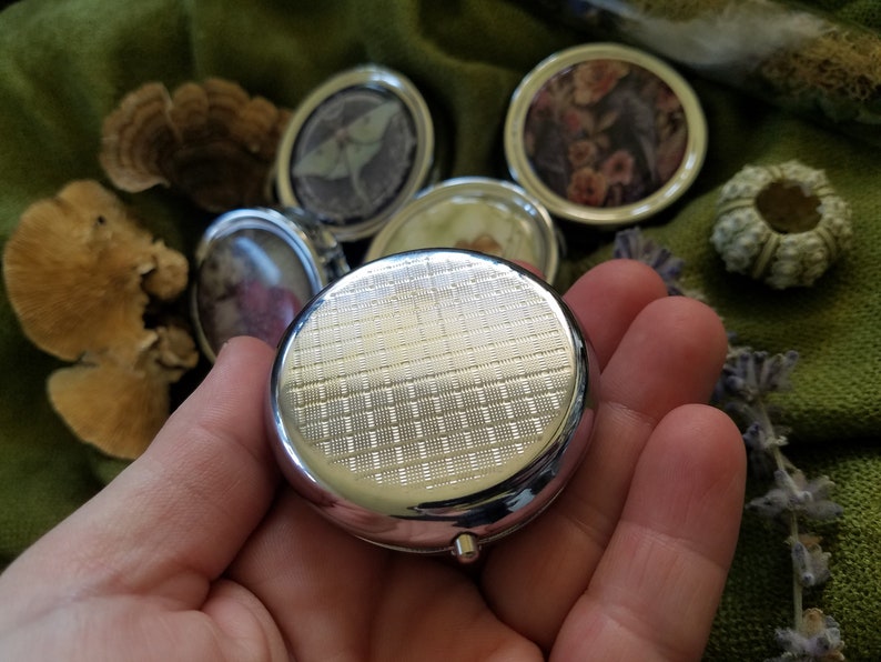 Luna Moth Pill Boxes Two Designs Available Case 3 compartment Pocket Purse Carry Small Compact Mirror Moon Lunar image 5