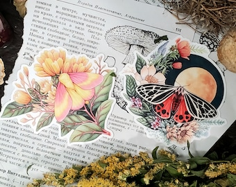 Autocollants papillon en vinyle 3,5 pouces - Collection Nightwake - Tigre - Érable rose - Fini mat - Fleurs - Lune - Lunaire