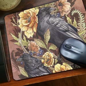 Raven Floral Mousepad - Crow - Flowers - Office - Edge lock stitching