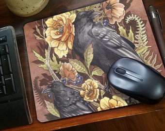 Raven Floral Mousepad - Crow - Flowers - Office - Edge lock stitching