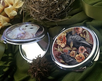 Raven Floral Compact Mirror - Crows and Flowers Art - Clamshell - Pocket - Purse - Small - Accessories