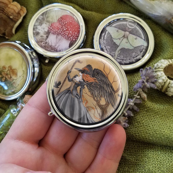The Crow Floral Pill Box - Case - 3 compartment - Pocket - Purse - Carry - Small - Compact Mirror - Raven- Spirit Animal