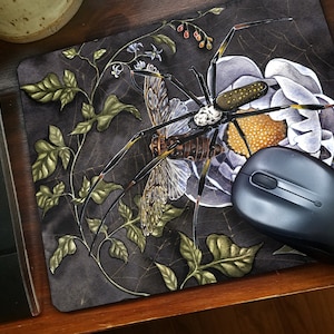 Peut inclure: Une araignée noire et blanche aux longues pattes est posée sur une fleur blanche sur un fond noir et or. L'araignée a un motif noir et or sur le dos. L'arrière-plan est gris foncé avec des feuilles et des vignes vertes.