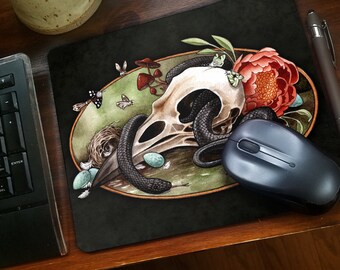 Raven Skull Mousepad with Snake- Crow - Office - Fantasy