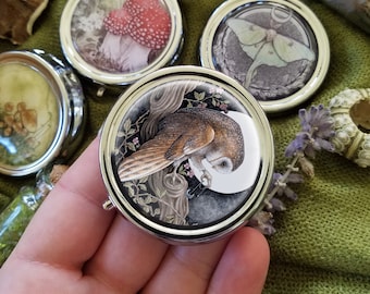 Barn Owl Spirit Pill Box - Case - 3 compartment - Pocket - Purse - Carry - Small - Compact Mirror - Moon - Lunar