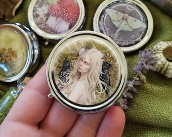 Goddess and Crows Fairy Pill Box - Case - 3 compartment - Pocket - Purse - Carry - Small - Compact Mirror - Raven