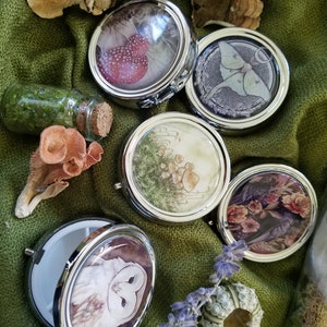 Luna Moth Pill Boxes Two Designs Available Case 3 compartment Pocket Purse Carry Small Compact Mirror Moon Lunar image 3