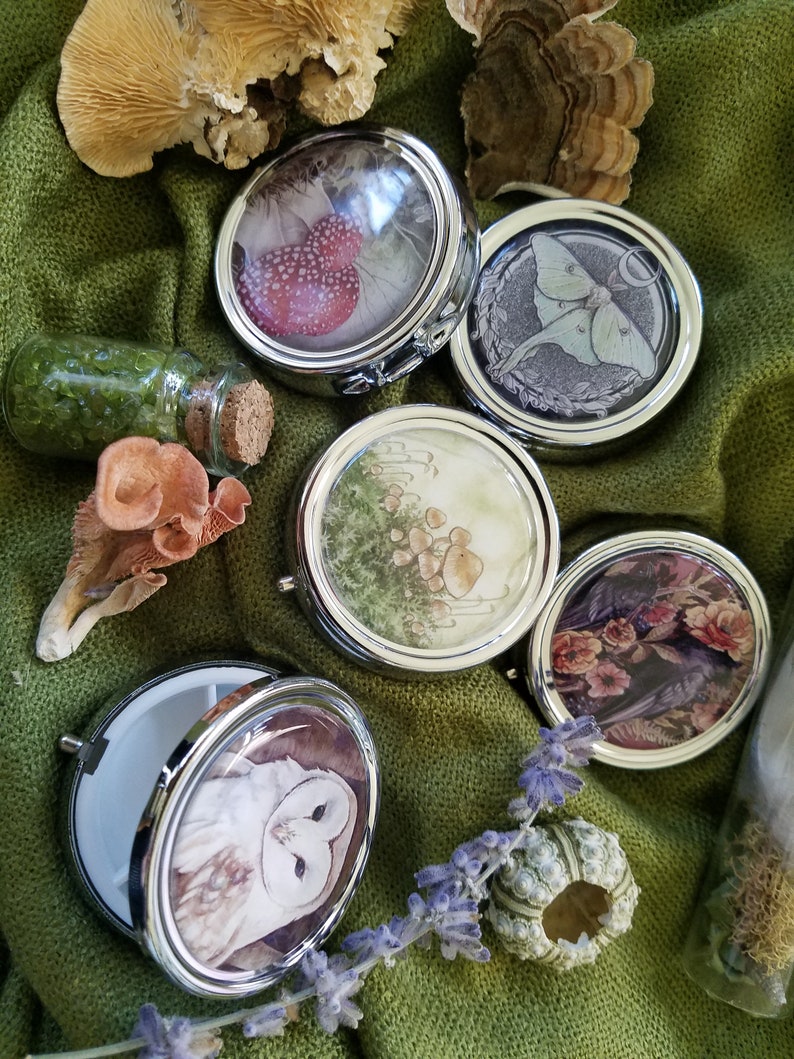 Luna Moth Pill Boxes Two Designs Available Case 3 compartment Pocket Purse Carry Small Compact Mirror Moon Lunar image 3