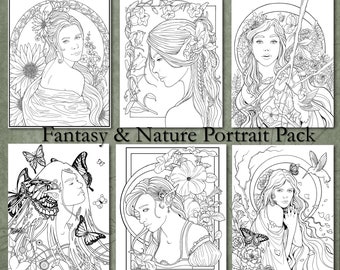 May include: Six black and white line art illustrations of women with floral and nature elements. The illustrations are in a fantasy and nature portrait style. The text "Fantasy & Nature Portrait Pack" is at the bottom of the image.