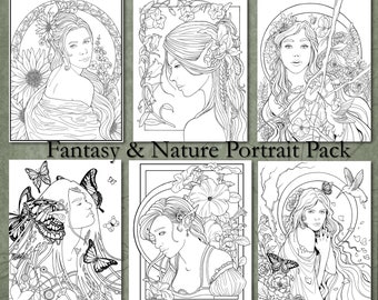 DIGITAL Portrait Coloring Pack - Fairy and Fantasy - Adult Intermediate Art Nouveau - PDF Download