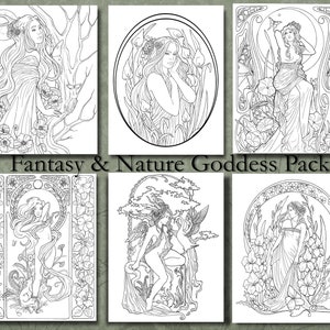 DIGITAL Goddess Coloring Pack - Fantasy and Nature - Adult Intermediate Art Nouveau - PDF Download