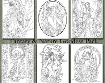 Paquete para colorear DIGITAL Diosa - Fantasía y Naturaleza - Art Nouveau Intermedio Adulto - Descargar PDF