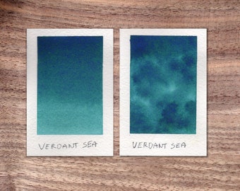 Verdant Sea - Teal - Turquoise - Blue Green Handmade Watercolor Paint - Separating Semi-Granulating - Half Pan - Dot Card