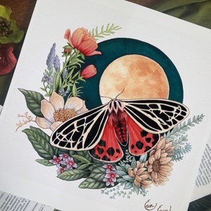 Tiger Moth - Watercolor Fine Art Print - Spiritual - Goblin Core - Witchy - Floral - Lunar - Moon
