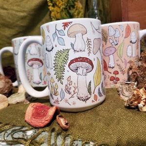 Mushroom Ceramic Mugs 11oz + 15oz - Amanita - Bolete - Autumn - Inky Cap - Ferns - Nature - Cottage Core - Goblin Core - Coffee Tea