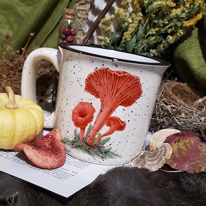 Puede incluir: Taza de cerámica blanca con borde y asa negros. La taza presenta un diseño moteado en blanco y negro y una ilustración colorida de setas rojas y naranjas.