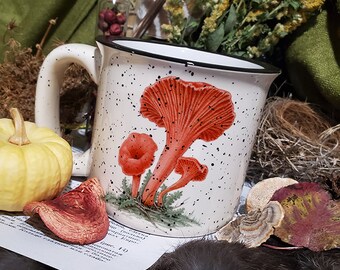 Red Chantrelle Ceramic Enamel Mushroom Mug - Edible Mushroom - 12oz 13oz - Coffee and Tea- Goblin Core - Cottage core