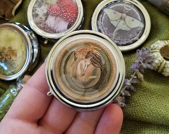 Sleeping Mermaid Pill Box - Case - 3 compartment - Pocket - Purse - Carry - Small - Compact Mirror