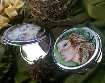 Owl Maiden Compact Mirror - Mask - Spirit - Fantasy Art - Clamshell - Pocket - Purse - Small - Accessories