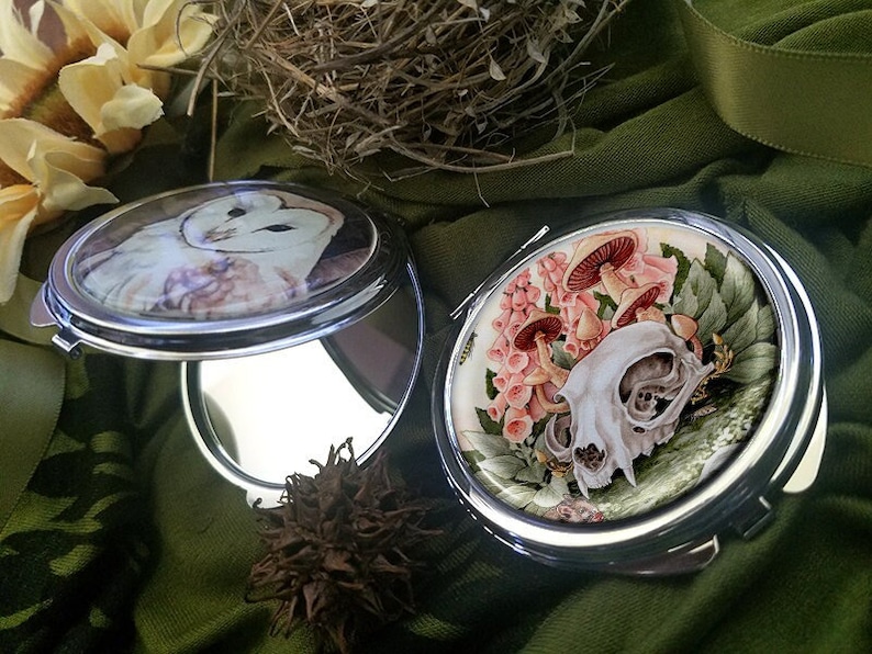 Cat Skull Mouse and Foxglove Compact Mirror Floral Watercolor Art Clamshell Pocket Purse Small Accessories image 1