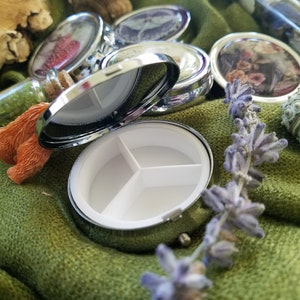Luna Moth Pill Boxes Two Designs Available Case 3 compartment Pocket Purse Carry Small Compact Mirror Moon Lunar image 4