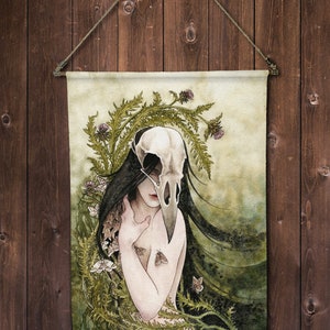 May include: A woman with long black hair wears a white skull mask with a beak. She is surrounded by green foliage and purple flowers. The background is a watercolor wash of green and brown.