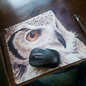 May include: A close-up of a mouse pad featuring a watercolor painting of an owl's eye. The owl's eye is brown with a yellow iris. The mouse pad is on a wooden surface with a black computer keyboard and a silver pen to the right.