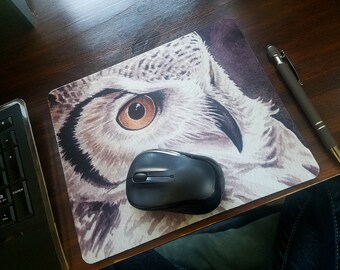 Great Horned Owl Mousepad - Office - Birds - Nature - Edge lock stitching