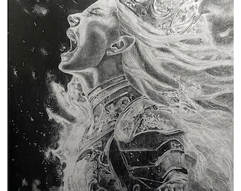 May include: A detailed pencil drawing of a person with long flowing hair, wearing a crown and ornate armor, screaming with their mouth wide open. The artwork is set against a dark background with a dramatic, ethereal effect.