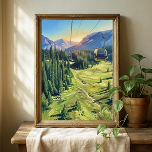 May include: A framed landscape painting depicts a mountain scene with a cable car. The artwork features a vibrant color palette of greens, blues, and yellows, with a golden frame. The painting showcases a scenic view of a valley with lush trees and a cable car.