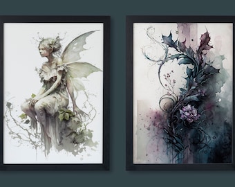 2 Digital Prints, Fairy Wall Art, Faerie Prints, Gothic Art, Set of 2 Prints, Large Wall Art, Wall Art, Botanical Prints