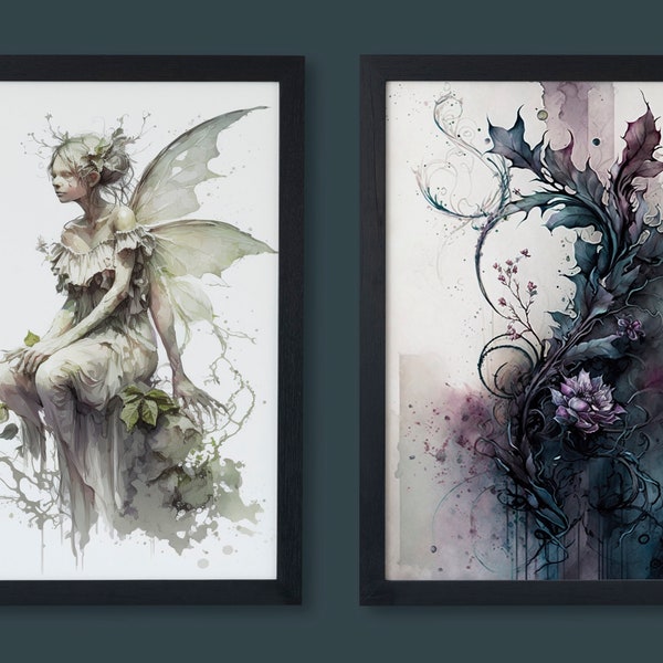 2 Digital Prints, Fairy Wall Art, Faerie Prints, Gothic Art, Set of 2 Prints, Large Wall Art, Wall Art, Botanical Prints