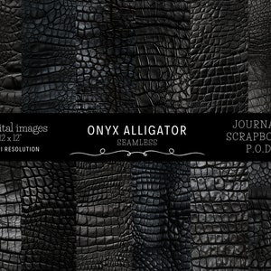 May include: Twelve digital images of a seamless black alligator skin pattern. Each image is 12 inches by 12 inches and 300 DPI resolution. The images are ideal for journals, scrapbooks, and print-on-demand projects.