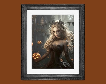 May include: A woman in a black dress and a crown of thorns holds a glowing jack-o'-lantern in a dark forest setting.