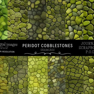 Könnte beinhalten: Zwölf digitale nahtlose Muster aus grünen Kopfsteinpflastersteinen. Die Muster sind 12 Zoll mal 12 Zoll groß und haben eine Auflösung von 300 DPI. Der Text "PERIDOT COBBLESTONES" befindet sich in der Mitte des Bildes.