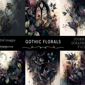 Papel digital floral gótico, papéis de scrapbook em aquarela, fundos de diário gótico, grunge abstrato, download instantâneo